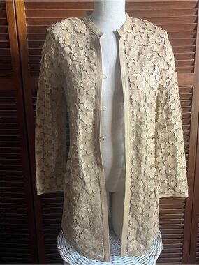 Cream Floral Appliqué Longline Leather Jacket